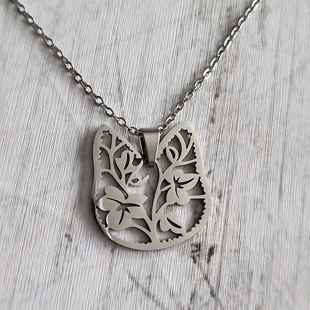 Stainless Steel Cat Floral cutout 16 INCH Chain Necklace NYG
